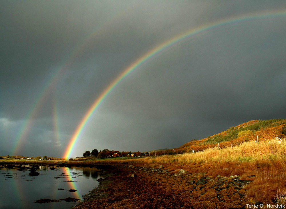 image of a rainbow over a shoreline