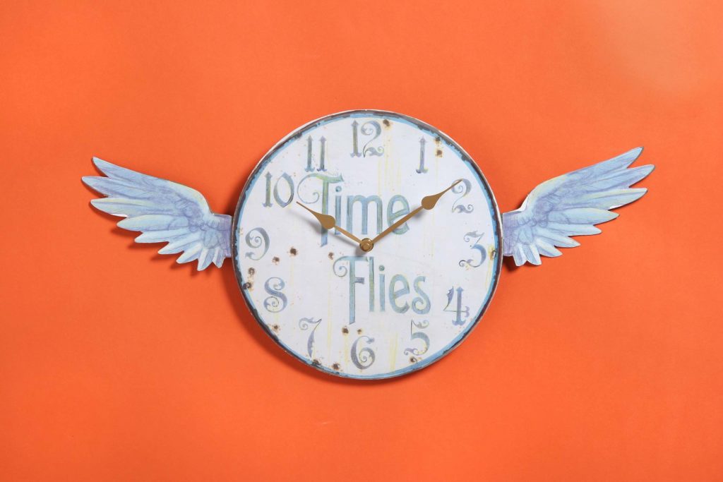 image of a clock with wings with the words "time flies" on it